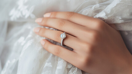 Young bride wearing beautiful engagement ring - obrazy, fototapety, plakaty