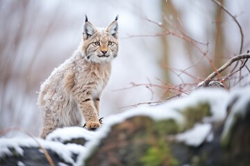 lynx standing alert by frosted shrubs
