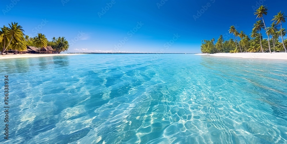 Wall mural luxury resort seascape with calm island beach with palms and blue ocean.landscape.ai generative.