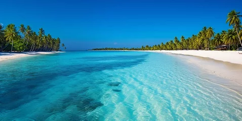Foto op Canvas Luxury resort seascape with calm island beach with palms and blue ocean.Landscape.AI Generative. © DenisMArt