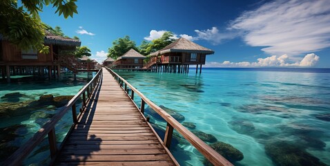 Luxury tropical resort with wooden house and bridge in blue ocean lagoon with beautiful view.Macro.AI Generative.