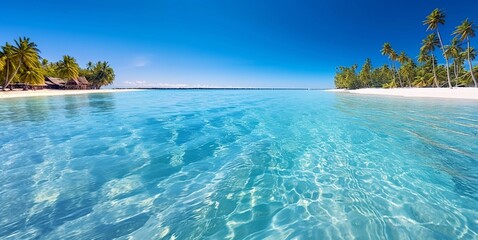 Luxury resort seascape with calm island beach with palms and blue ocean.Landscape.AI Generative.