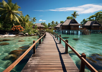 Luxury tropical resort with wooden house and bridge in blue ocean lagoon with beautiful view.Macro.AI Generative.