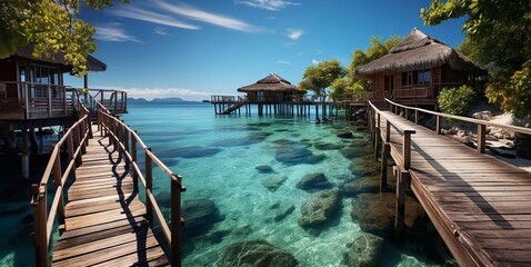 Luxury tropical resort with wooden house and bridge in blue ocean lagoon with beautiful view.Macro.AI Generative.