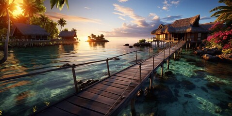 Wooden house with bridge in blue calm ocean lagoon on luxury caribbean ressort.Macro.AI Generative. - Powered by Adobe