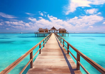 Wooden house with bridge in blue calm ocean lagoon on luxury caribbean ressort.Macro.AI Generative.