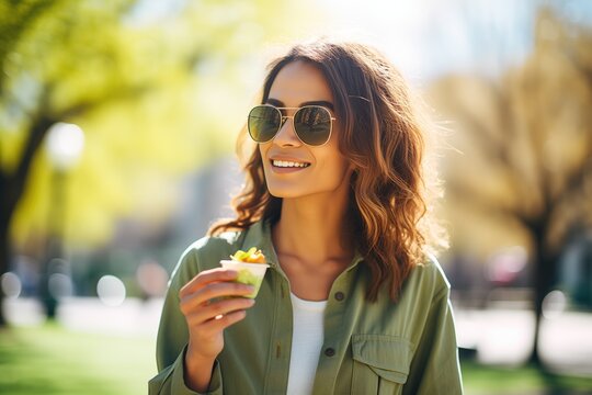 Woman Enjoying Matcha Ice Cream In A Sunny Park