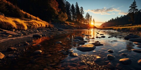 Beautiful sunset on calm river with stones and forest and mountains view.Landscape.AI generative.