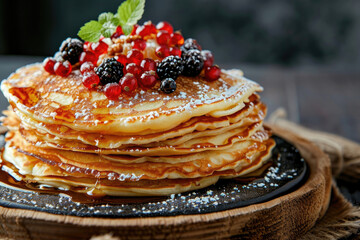 A stack of blini, Russian pancakes, served with an assortment of sweet and savory toppings