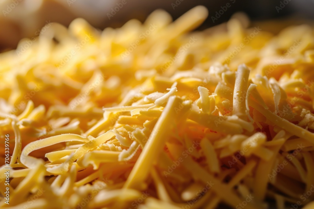 Poster a pile of shredded cheese sitting on top of a table. suitable for food-related projects