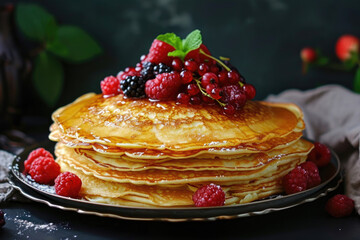 A stack of blini, Russian pancakes, served with an assortment of sweet and savory toppings