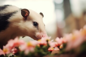 opossum sniffing around a flower bed