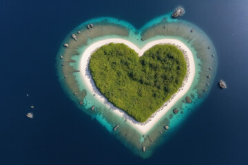 Aerial top view of a heart spahed island in the middle of the sea
