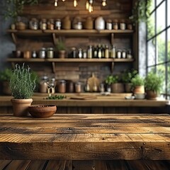 Wood Table Top On Blur Kitchen, White Background, Illustrations Images