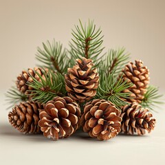 Fototapeta premium Young Pine Cones On Table Cedar, White Background, Illustrations Images