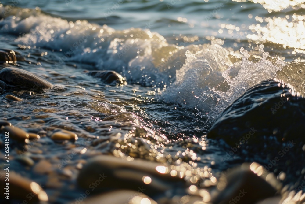 Poster A close-up view of a body of water with rocks. This image can be used to depict the tranquility of nature or as a background for various design projects