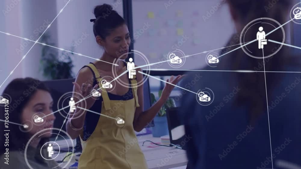 Sticker Animation of network of connections over diverse colleagues having meeting in office