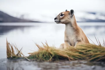 Deurstickers puma sitting by a glacial lake © Natalia