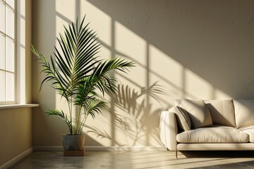 A comfortable living room featuring a couch and a potted plant. Perfect for home decor or interior design projects