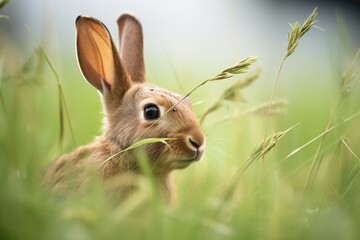 Obraz premium brown rabbit with tall ears nibbling grass
