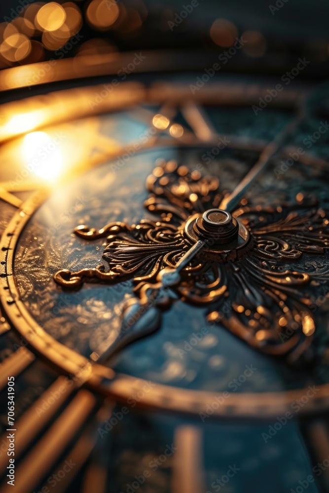 Poster A close up of a clock face with lights in the background. Perfect for time-related concepts or creating a sense of urgency in design projects