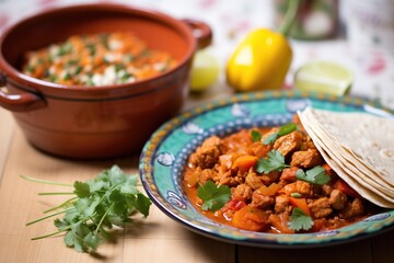 chorizo and bean stew in a terracotta dish, accompanied by a stack of tortillas