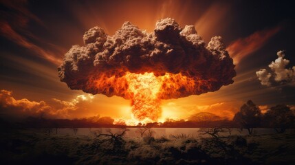 Enormity of a mushroom cloud nuclear explosion, apocalypse war illustration. - obrazy, fototapety, plakaty