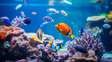 Naklejka na ściany i meble Tropical sea fishes with corals in aquarium. Colorful wildlife marine panorama.