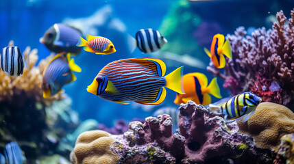Tropical sea  fishes with corals in aquarium. Colorful wildlife  marine panorama.