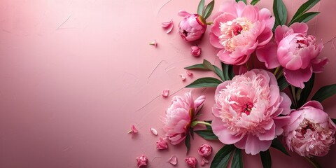 A bunch of pink flowers on a pink surface. Digital colorful wallpaper with copy-space, place for text