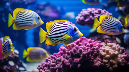 Fototapeta na wymiar Tropical sea fishes with corals in aquarium. Colorful wildlife marine panorama.