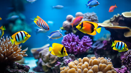 Naklejka na ściany i meble Tropical sea fishes with corals in aquarium. Colorful wildlife marine panorama.