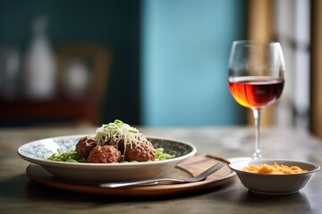 spaghetti and meatballs with grated parmesan, glass of red wine aside