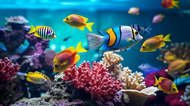 Tropical sea  fishes with corals in aquarium. Colorful wildlife  marine panorama.