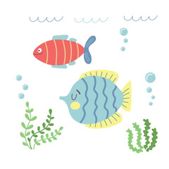 Cute cartoon sea fish isolated vector illustration. Sea life element. Marine animals in flat style on white background.