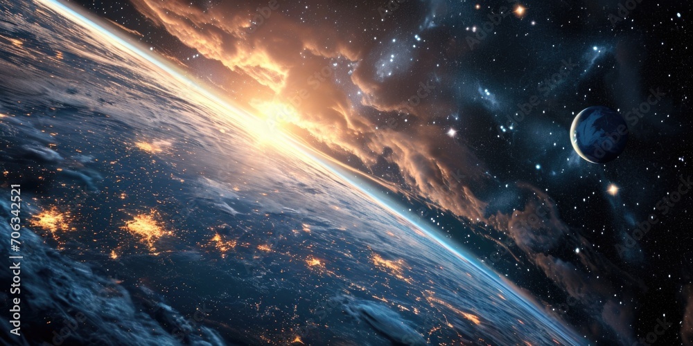 Poster a stunning image showcasing the view of the earth from space at night. perfect for illustrating the 