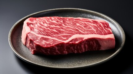 Fresh raw sirloin Meat Slices on dish plate background. Close up view