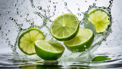 Green lemon slices in water splash, with white background 37824
