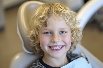 A smiling young blond boy in a dental chair. Examination by a dentist