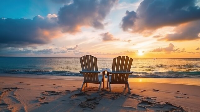 Two deck chairs for sunbathing on the beach, view at sunset. beautiful colorful sunset