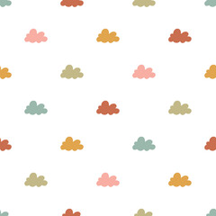 Cute retro clouds seamless vector pattern. Simple scandi design. Vintage hand drawn background for kids room decor, nursery art, gift, fabric, textile, wrapping paper, wallpaper, packaging, apparel.