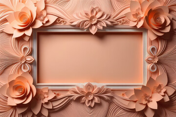 Abstract elegance 3D paper floral frame for design. Origami trendy template.Peach fuzz - color of the year 2024.Generative AI