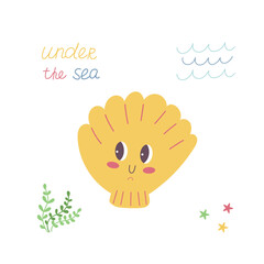 Cute cartoon sea shell isolated vector illustration. Sea life element. Marine animals in flat style on white background.