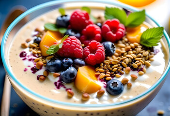 Close up of healthy yogurt and fruit smoothie bowl decorated