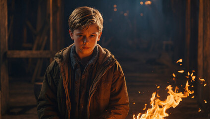  a boy in a war, behind him fire 