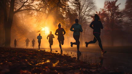 A group of runners running at sunrise in the park during autumn