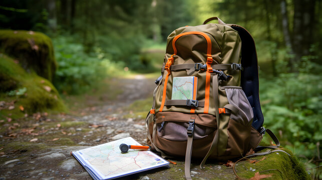 Backpack filled with supplies ready to start the trail, while the map provides valuable navigation information
