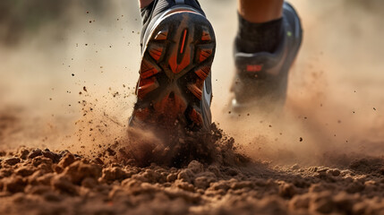 Closeup of sport shoe of racer running on trail with dust - obrazy, fototapety, plakaty
