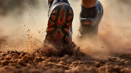 Foto op Plexiglas Closeup of sport shoe of racer running on trail with dust © Trendy Graphics