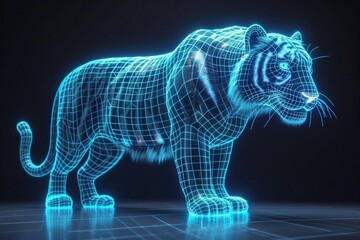 Blue glowing tiger standing on a tiled floor.